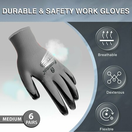 I9 Essentials Polyester & Nitrile Safety Work Gloves Seamless - Grey & Black - Size M, 6PK 100034